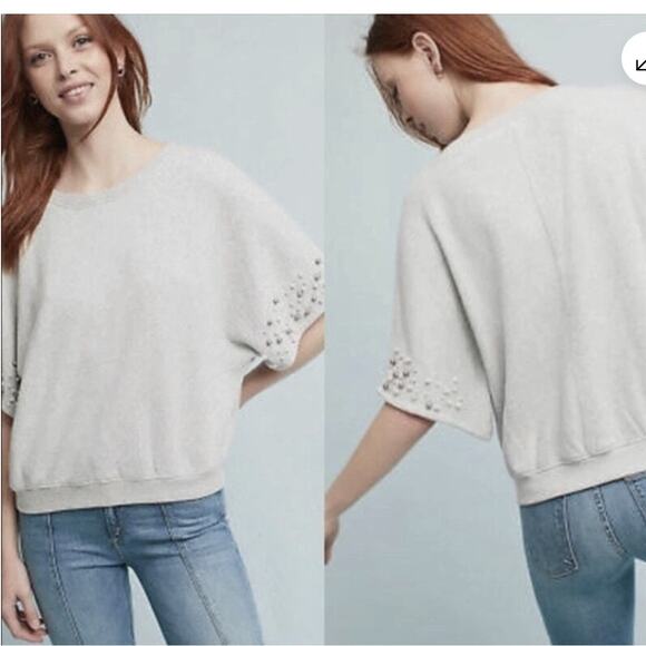 Anthropologie Postmark Shirt Womens Small White Pearl Embellished Sleeves - Picture 1 of 9
